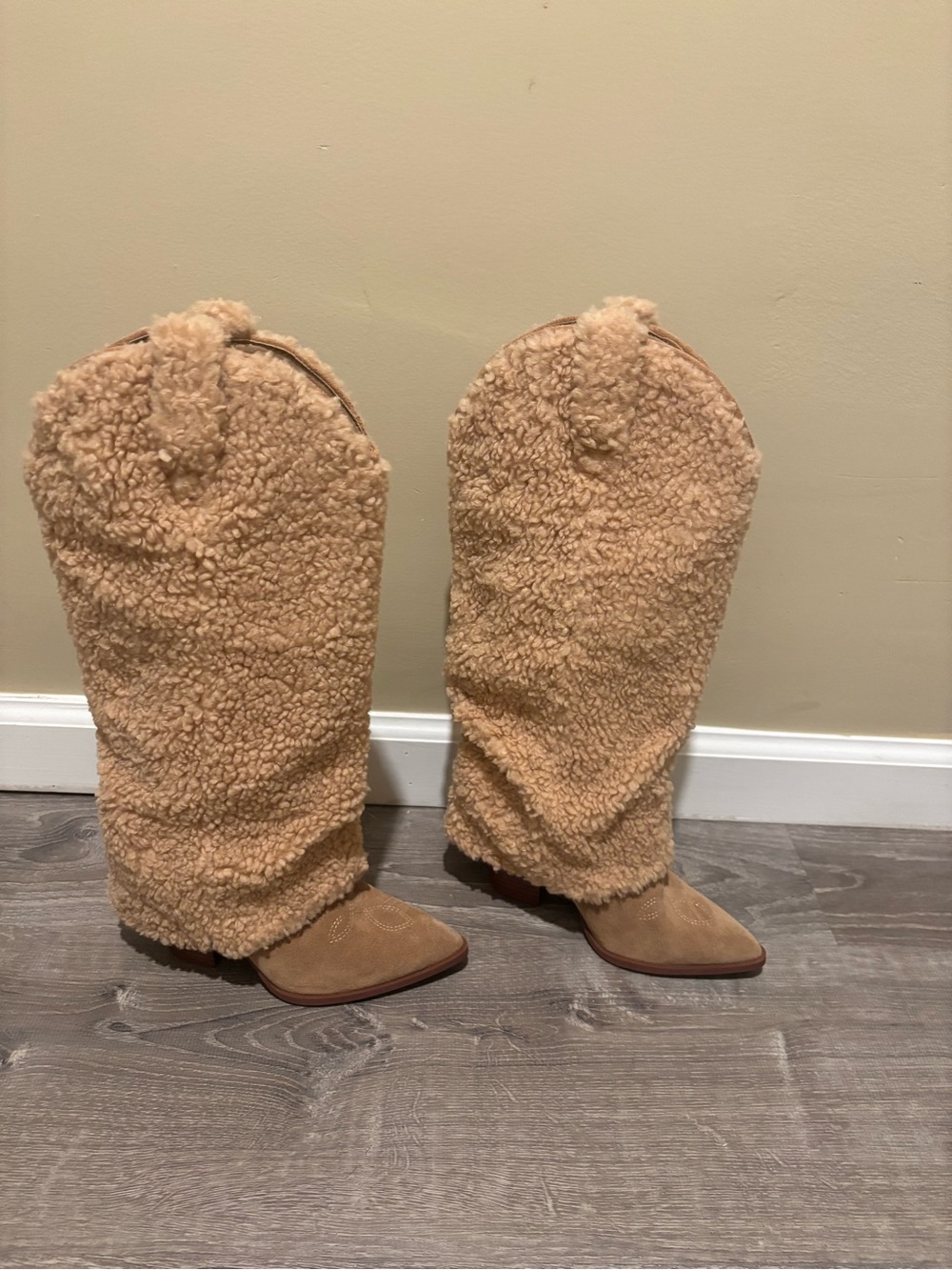Steve Madden Tan Sherpa Knee-High Heeled Boots